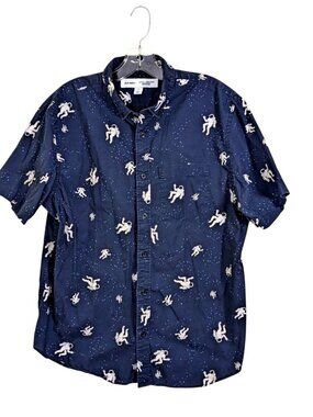 Old Navy Mens Large Button Down Short Sleeve Space Astronaut Slim Fit Navy Blue
